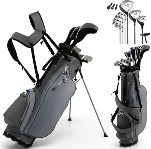 GYMAX Golf Club Set, Complete Right Handed Golf Clubs Set with 460cc Alloy Driver, 3# Fairway Wood, 4# Hybrid, 6#, 7#, 8#, 9# & P# Irons, Free Putter and Stand Bag, Adult Golf Package Sets (Gray)
