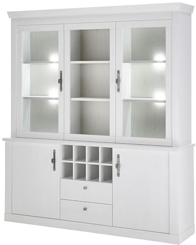 Lomadox Esszimmer Buffetschrank Buffet Vitrinenschrank mit 184 cm Breite in Pinie weiß, Flascheneinteilung - Landhaus-Stil