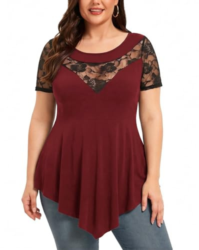 Kyzoeyou XL-5XL - Camicette casual da donna a maniche corte in pizzo semi velato, con scollo rotondo e orlo asimmetrico con volant e orlo a peplo, R-vino Rosso, 5XL plus