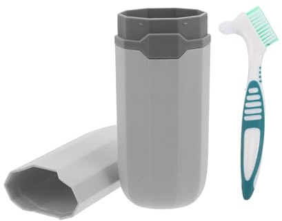 UPKOCH Trousse de Nettoyage pour Prothèses Dentaires Brosse Double Face Verte et Étui de Voyage Bleu-Gris Kit Portable pour Orthodontiques Gouttières et Contenants de Soin Hygiénique