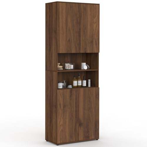 IDMarket TOMI - Mueble de armario columna, cuarto de baño, 4 puertas, 2 nichos efecto nogal