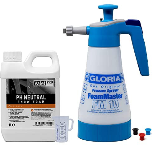 Detailmate Vorwäsche Set: Gloria FM10 Schaumsprüher Foam Master 1L+ ValetPro pH neutral Snow Foam 1L + 50 ml Messbecher