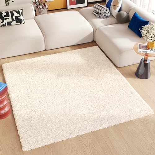 TAPISO Essence Teppich Quadratisch Shaggy Hochflor Langflor Beige Einfarbig Weich Modern Design Wohnzimmer Schlafzimmer ÖKOTEX 120 x 120 cm