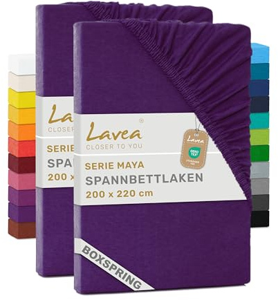 Lavea® Förpackning med 2 Bäddlakan 200x220 cm – 100% Bomull Mjukt och Andningsbart – för Tjocka Madrasser Upp till 35 cm – Jersey med Resår Runt Om – Mörklila