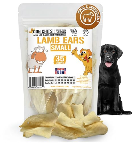 Dog Chits Lamb Ears for Dogs – 100% Natural Baked Lamb Ear Dog Treats – Grain-Free, High Protein, Lower Fat Training Chews – Dental Health & Joint Support – for Medium and Small Pups – 35 Pack