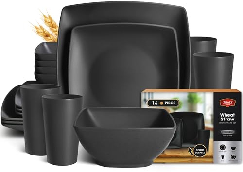 Teivio 16-piece Plastic Wheat Straw Square Dinnerware Set for 4, Unbreakable Dinner Plates, Salad Plates, Snack Bowls, Tumblers 13.5 oz, Dishwasher Safe, Kitchen Outdoor Camping,Black