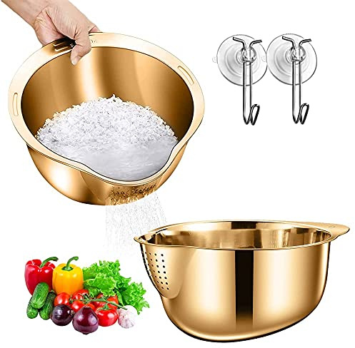 Reis Waschschüssel aus Edelstahl, Reis Waschschüssel, Edelstahl-Reis-Waschschüssel, Sieb für die Reinigung von Obst, Gemüse und Bohnen mit vielseitigem Küchenwerkzeug (Gold)