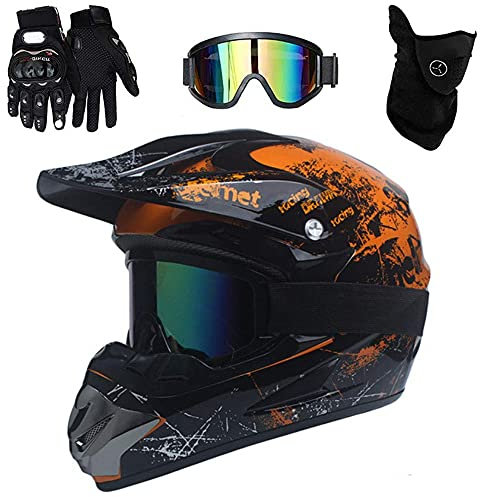 Jeunesse Visage Complet VTT Casque Motocross, avec Lunettes Gants Masque, Enfant Hors Route ATV Moto Accident Casque, Dot Certifié Une Descente BMX Quad Bike Course d'enduro Moto Cross Casque (Color