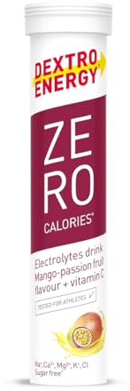 Dextro Energy Zero Calories Elektrolyte ohne Zucker, Mango Passionfruit Flavour + Vitamin C Zusatz, 12x20 Brausetabletten mit Natrium, Magnesium, Chlorid, Calcium und Calium für Sportgetränke