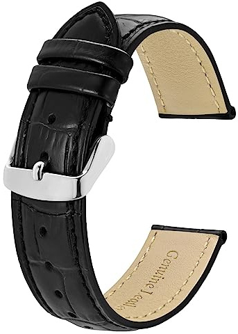 BISONSTRAP Uhrenarmband 19mm, Armband aus Alligator Geprägtem Leder, Schwarz mit Silberne Schnalle