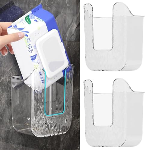 Bathroom Wipes Holder, 2PCS Wall-Mounted Wipe Storage Box, Acrylic Wipes Container with Adhesive Mount for Toilet and Bathroom