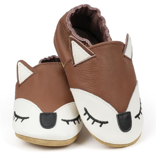 HOTUT Chaussons Cuir Souple Bébé, Chausson Cuir Bébé Garcon, Fille, Antidérapants, Protéger Les Pieds, pour 12-18 Mois - Oreilles Renard