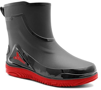 IMTY Mens Short Ankle Boot Wellies Waterproof Mid Calf Slip On Rain Boot Snow Farm Gardening Outdoor Festival Wellington Boots (Black/Red, UK Footwear Size System, Adult, Men, Numeric, Medium, 6.5)