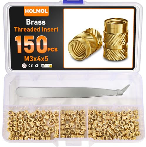 HOLMOL Gewindeeinsatz 150 Stück Set, Messing Einschmelzgewinde M3x4x5mm für Kunststoff, Gerändelt Einpressmuttern für 3D Druck Zubehör und DIY Projekte, Gewindeeinsätze mit Pinzette