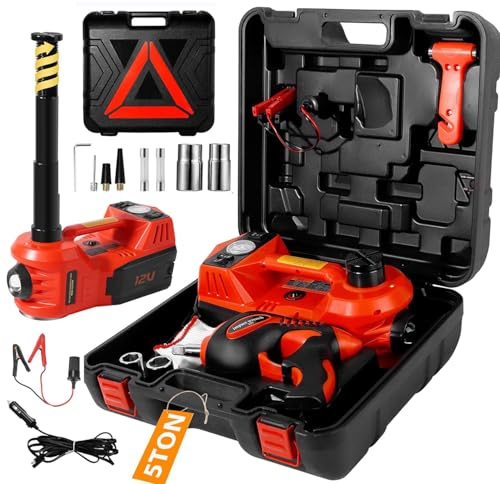 Electric Car Jack Kit 5 Ton 12V Floor Jack with Impact Wrench and Tire Inflator Pump Portable Hydraulic Car Jack for SUV Sedans Tire Change with LED Light, Lifting Height 6 to 17.7 Inch