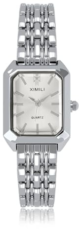 JSDDE Womens Rectangular Case Watch with Metal Bracelet Band Analogue Quartz Wrist Watch for Women Girls Silver