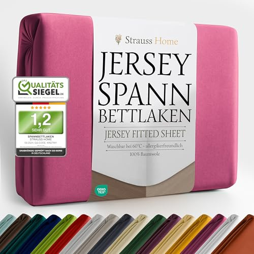Strauss Home ® Jersey Spannbettlaken Spannbetttuch Bettlaken 100% Baumwolle 140x220-160x220 cm Übergrösse Wasserbett Boxspringbett (Berry)