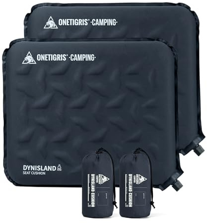 OneTigris DYNISLAND Lot de 2 coussins d'assise autogonflants 41 x 33 x 4 cm, coussins d'assise d'extérieur pliables, ultra légers 150 g, coussins d'assise gonflables pour randonnée, pique-nique et