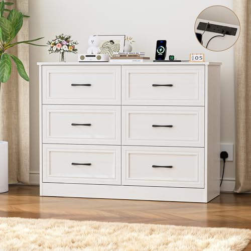 BonVache Chest of Drawers with 6 Drawers, Sideboard with 2 USB Ports and 2 AC, Wooden Frame & Black Handles, Fabric Storage Drawer Organizer for Bedroom, Living Room, Hallway, Entryway, White