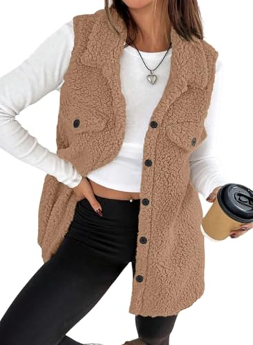EVALESS Fleece Vest for Women Fall Outfits 2025 Sleeveless Vest for Women Lightweight Winter Clothing Fleece Jackets Long Winter Outwear Trendy 2025 Long Sleeve Button Down Fur Coat, Khaki Large