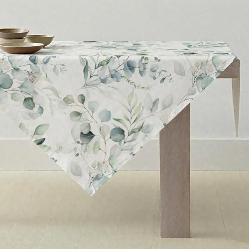 ViaElayu Mantel Primavera 100x100 Pequeño Mantel de Jardín Centro de Mesa Exterior Moderno Hojas de Eucalipto Verde Menta Manteles de Acuarela Cuadrados Lavables para Jardín al Aire Libre