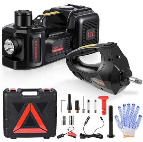 Jradse Gato Eléctrico Coche 5 Toneladas con Llave de Impacto & Compresor, Inflado Rápido, 12V, Maletín Portátil para Emergencias y Mantenimiento del Vehículo