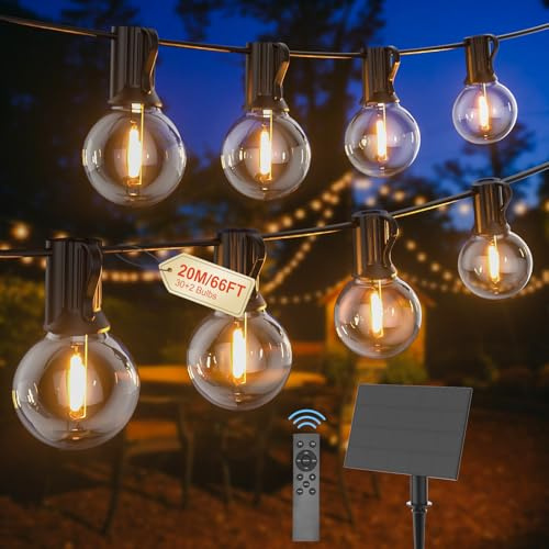 Pogestrand Luci Solari Da Esterno G40 20M Con Ricarica USB O Solare Duale Festoon Lights 24V Con Telecomando Dimmabile Timer 30 Lampadine Infrangibili Impermeabili Per Giardino