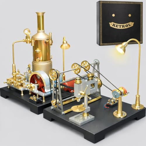 RETROL SE-03 38PCS + 27PCS Retrol GF-01 Metal Steam Engine Model Kit+ Miniature Workshop Model, with Mechanical Transmission System Physical Science Gift for Education Collectors & Adults