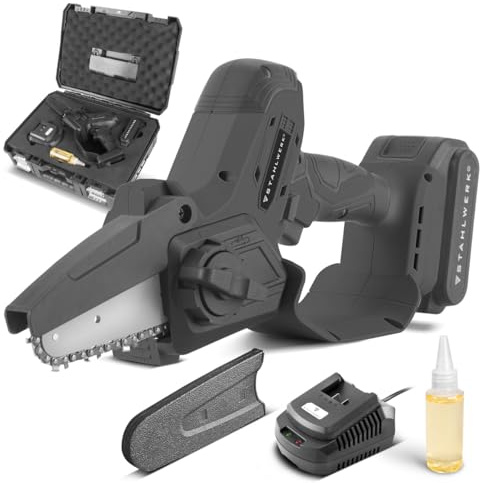 STAHLWERK Mini motosega a batteria MAK-20 ST - Batteria da 2 Ah, potente motosega a mano per il taglio di tutti i tipi di legno, motosega elettrica con tecnologia brushless, motosega a batteria compat