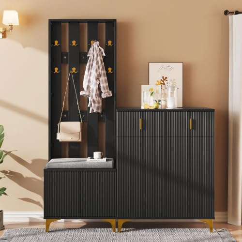 Merax Elegant Hallway Storage Unit with Shoe Bench & Cushion, Coat Rack Stand with Gold Hooks, 2-Drawer & 2-Door Shoe Cabinet, Stylish Entryway Organizer