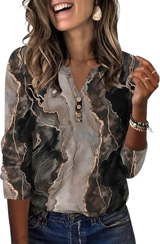Aokosor Womens 3/4 Sleeve Tops Ladies Blouse V Neck Tunic Long Sleeve T Shirts Curved Hem Office Wear