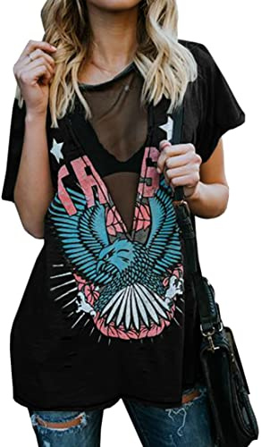 Karlywindow Womens Short Sleeve Graphic Tees Distressed Hawk Print Mesh V Neck Loose Sexy T-Shirt Tops Black