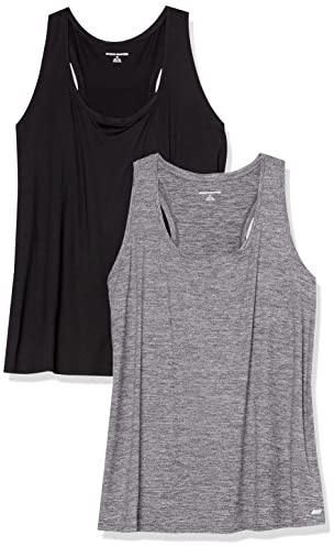 Amazon Essentials Top Deportivo sin Mangas de Secado Rápido, Elástico, Espalda Cruzada y Cuello Redondo Mujer, Paquete de 2, Gris Oscuro Teñido Multicolor/Negro, XXL