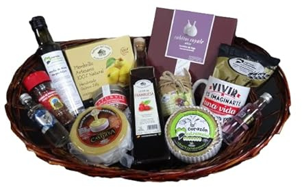 Cesta Regalo Navidad, Cesta de empresa + Queso + Aceite + Pimenton + Membrillo+ Bomobones de higo + Mermelada + Licor + Ginebra +Picos + Taza Gourmet Coria Corazón Extremeño