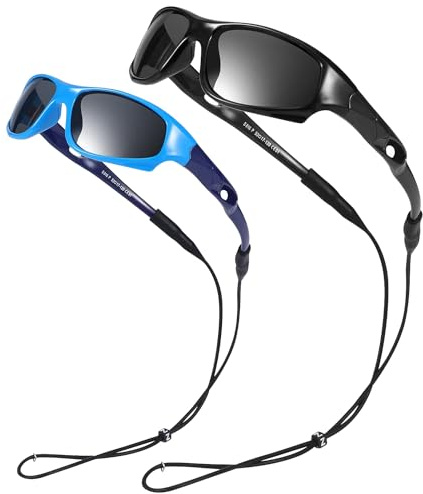 Firtink 2 Pair Kids Polarized Sunglasses Flexible Rubber Boy Sunglasses Protection With Glasses Strap For Kids Boys Girl Sports Hiking Riding