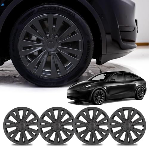 BONRYAN Satz von 4 Passend für Tesla Model Y Radkappe Radkappe 19 Zoll Ersatz ABS Abdeckung Matt Schwarz 2020-2023 Tesla Model Y Zubehör X Plaid Style