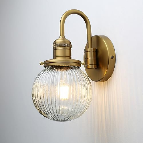 JIMUBEAM Industrial Vintage Gooseneck 1-Light Wall Sconce with 5.9 Round Ribbed Clear Glass Globe Lampshade Indoor Wall Mounted Lamp Fixture for Bedroom Living Room Vanity Bathroom