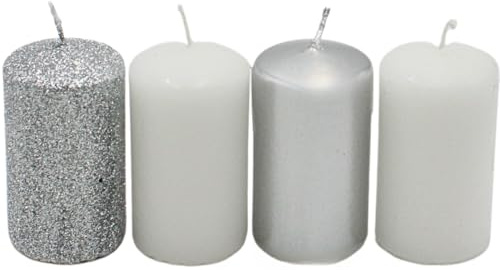 Velas de Adviento, velas de Adviento, en plata y blanco, diferentes matices, tamaño H/Ø aprox. 7 x 4 cm, 250 g, tiempo de combustión 4 x 10 h