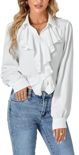 LYANER Women's Dressy Ruffle Blouse Long Sleeve Collar Neck Button Down Victorian Shirt Tops, White, M