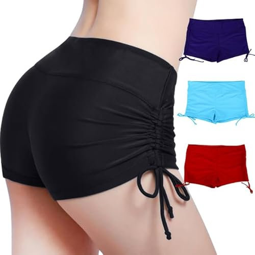 Damen-Badeshorts, hohe Taille, verstellbar, gerüscht, seitlich gebunden, Badeanzug, Board-Boy-Shorts für Damen und Mädchen, Schwarz , S/M