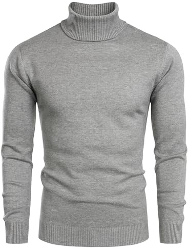 HOOD CREW Men’s Turtle Neck Jumper Ribbed High Neck Sweater Knitwear Slim Fit Pullover Dark Grey