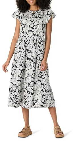Amazon Essentials Vestido Midi Escalonado de satén de algodón con Cuello Redondo y Ajuste Holgado para Mujer, Color Negro y Marfil Folk Floral, Talla XXL