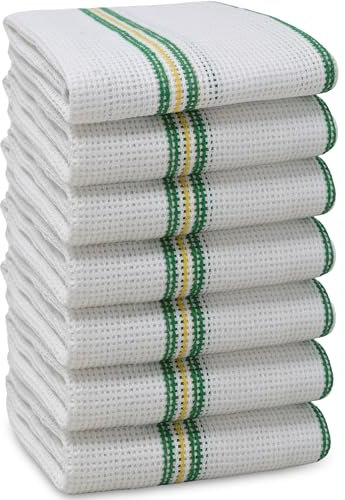 Towelogy TDC_50 Premium Cotton Dish Cloths for Washing Up Dishes Odor-Resistant– Large Size 35x40cm Soft & Absorbent Kitchen Dish Towels (7, White/Green Stripes)