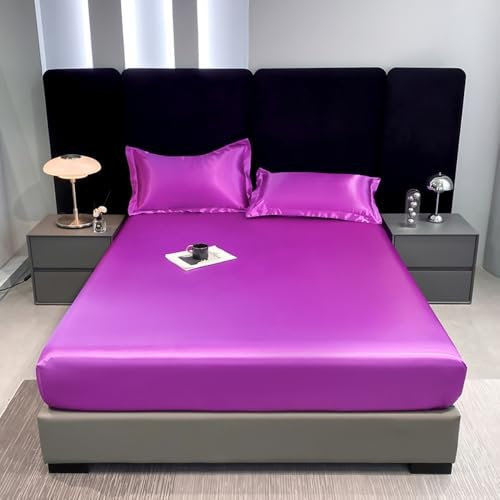 Nayoroom Spannbettlaken 180x200 cm Boxspringbett Lila Satin Bettlaken Violett Entspanno Seide Glanzsatin Matratzenbezug Gummizug Matratzentopper Seiden Spannbetttuch für Topper Matratze bis Höhe 30
