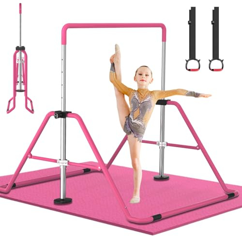 DOBESTS Gymnastikstange Kinder, Faltbarer Turnreck mit Rings und Matte Reckstange Indoor, Gymnastics Bars mit Verstellbarer Höhen(Rosa mit Matte)