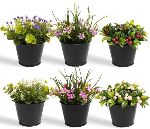 YVONNEYI 6 Stück Kunstpflanze Klein 16cm, Klein Kunstblumen wie echt, Künstliche Pflanzen für Home Büro Wohnzimmer Schlafzimmer Badezimmer Küchen Balkon Zimmer Deko - Stechpalme/Blumen