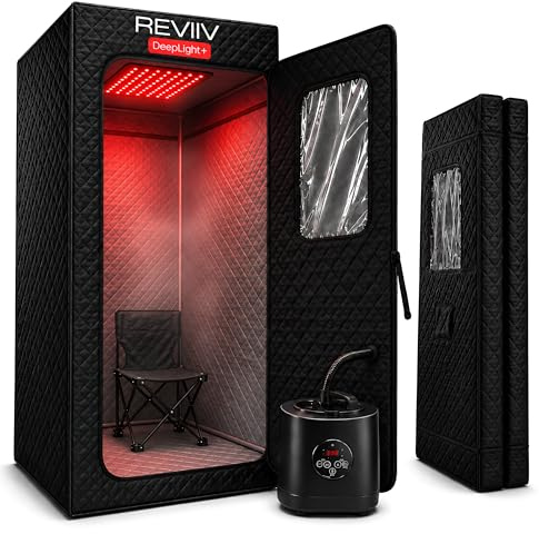 REVIIV DeepLight+ - Caja de sauna infrarroja para el hogar con terapia de luz roja de 660 nm y 850 nm, tienda de campaña de sauna de vapor portátil plegable de cuerpo completo, vaporizador de 1500 W +