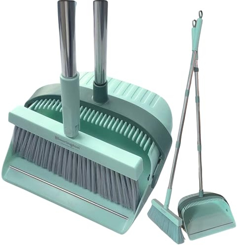 FLOORINGTON Long Handled Dustpan and Brush Set Upright Broom with Soft Bristles & Durable Dustpan for Indoor and Outdoor Cleaning (GREEN)