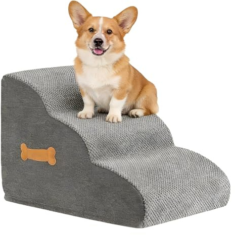 Dog Stairs for Small Dogs, 3 Step Dog Staircase 40x55x35cm, Grey, Non-Slip High, Density Foam Pet Steps with Removable Washable Cover, Ideal Puppies, Elderly Dogs & Cats, Bed,Sofa
