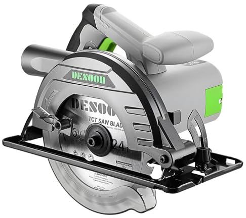 DESOON Sega Circolare da 1200 W, 4800 RPM, Include Una Guida di Taglio e 2 Lame da Seghetto (165 mm, 24T e 40T), Profondità di Taglio 55 mm (90°) e 33 mm (45°), per Taglio Legno